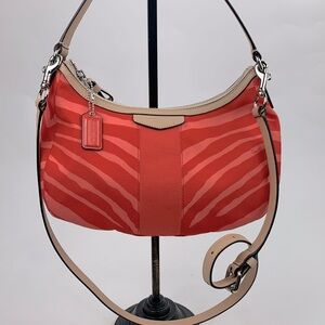 Coach Devin Orange Coral Zebra Stripe Crossbody Hobo Bag Leather Trim Lined